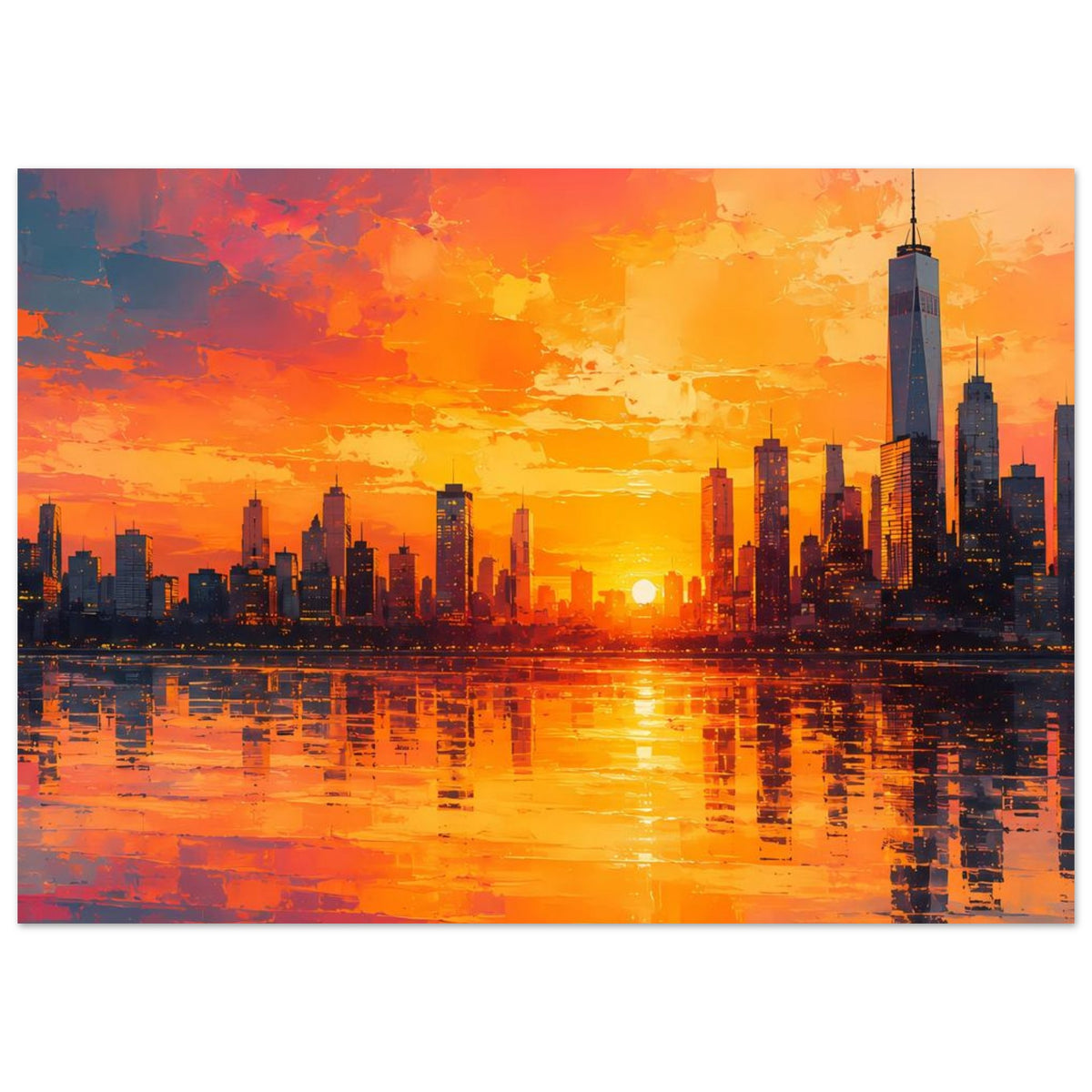 Poster mit leuchtenden Gebäuden, orangefarbenen Wolken und Wasserreflexion