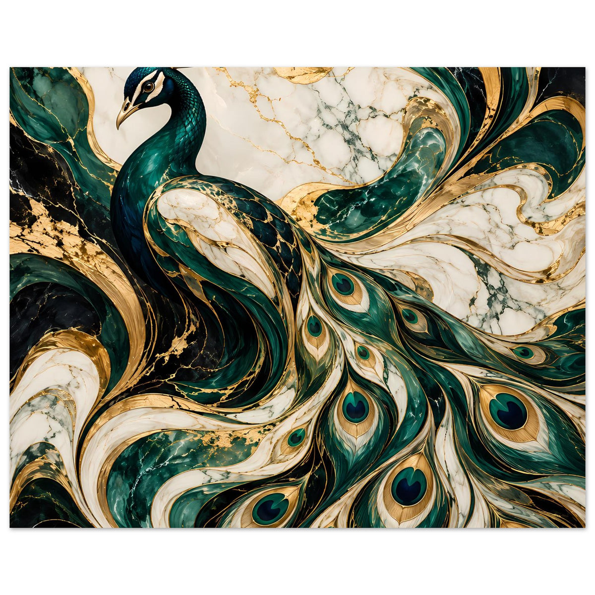 Pfau-Poster im Stil eines Aquarell-Designs: smaragdgrüne Federn mit Goldakzenten