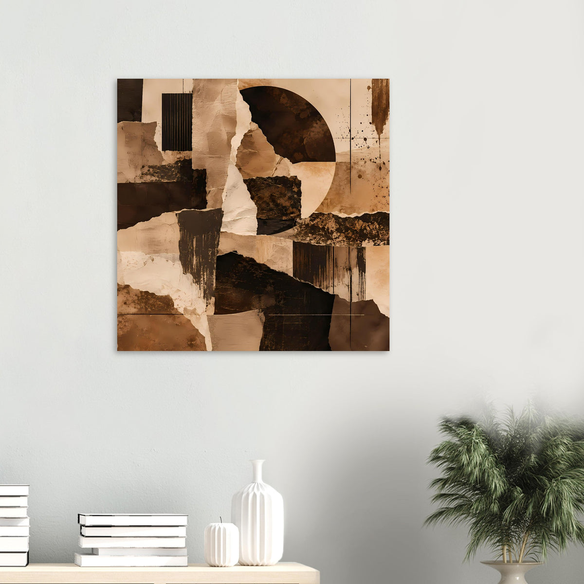 Quadratisches abstraktes Kunstposter mit erdiger Farbpalette und dunklen Akzenten