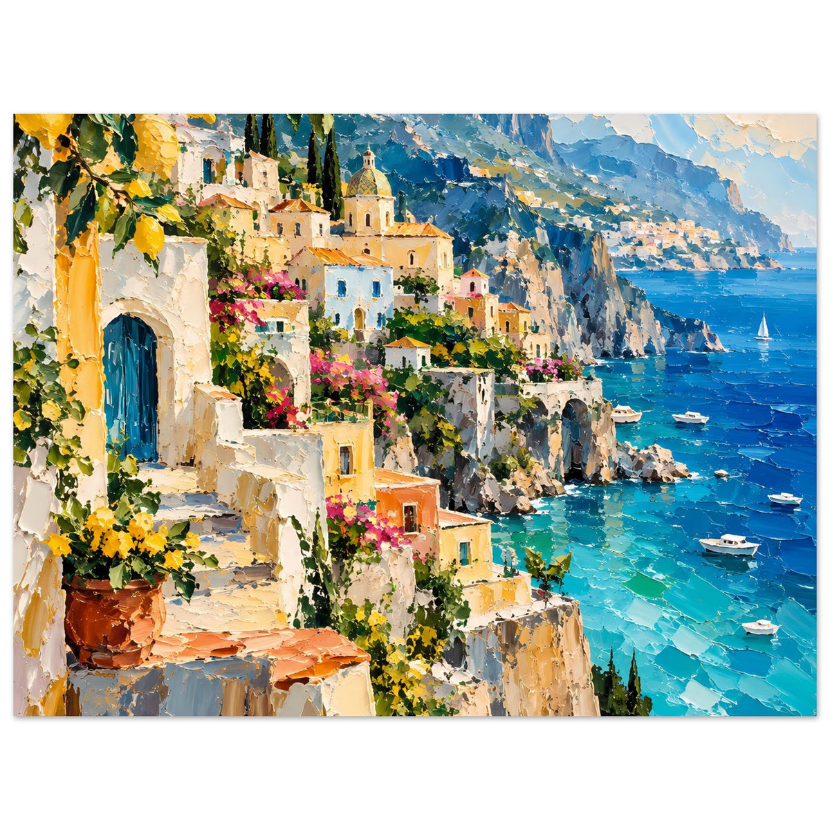 Küstenlandschafts-Poster mit Blick auf Bucht, Häusern an Klippen, Blumen und türkisfarbenem Wasser