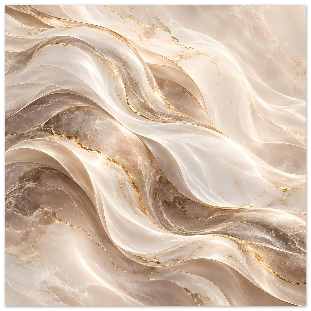 Abstraktes Wellen-Poster horizontal: große geschwungene Bahnen in Creme, Gold und Taupe.