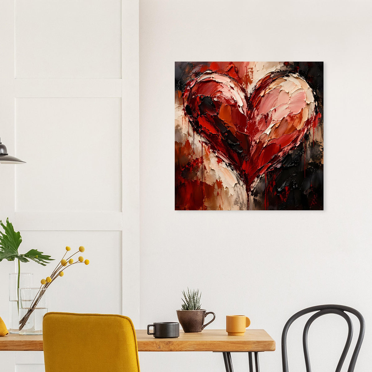 Quadratisches Kunstposter mit Herz in Rot, Beige und dunklem Schwarz
