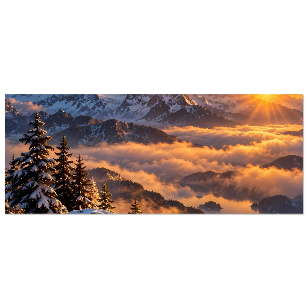 Horizontales Poster: verschneite Berge, Tannen links, dichte Wolken und leuchtender Himmel