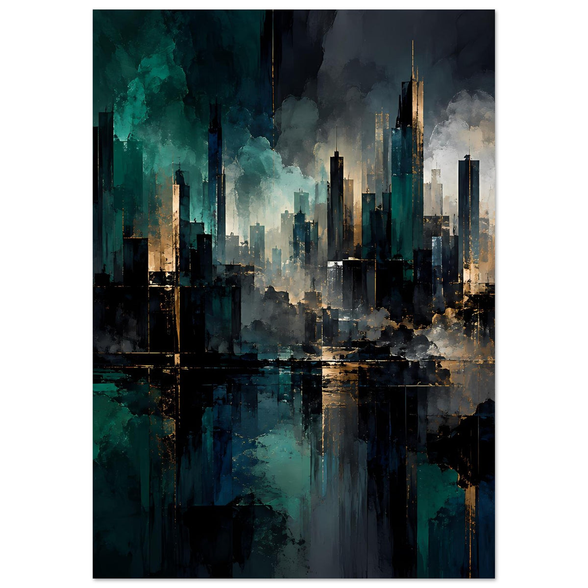 Abstraktes Stadtposter im Hochformat mit Skyline, Nebel und Spiegelung in Blaugrün und Gold