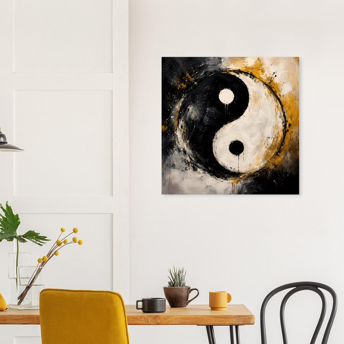 Abstraktes Yin-Yang Poster mit schwarzem und weißem Yin-Yang, goldfarbene Verläufe
