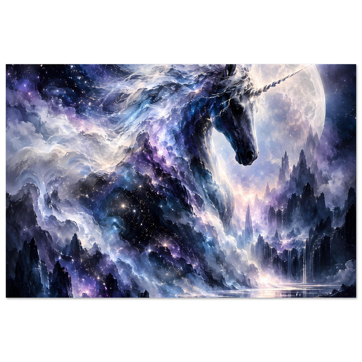 Galaktisches Einhorn-Poster mit Mond, Sternen und Wasserreflexion, violett-blauer Fantasy-Look