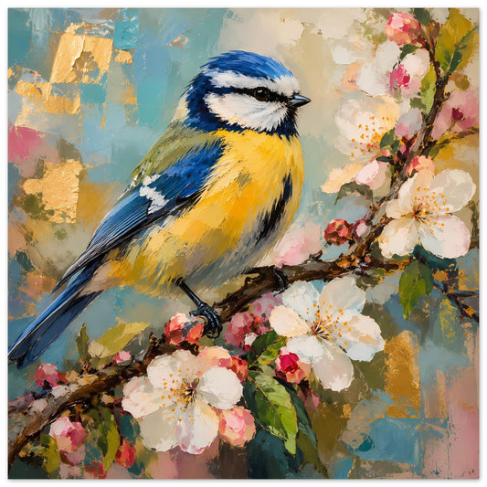 Vogelkunst-Poster: bunter Blau- und Gelbvogel auf blühendem Ast, pastellige Blumen im Bild.