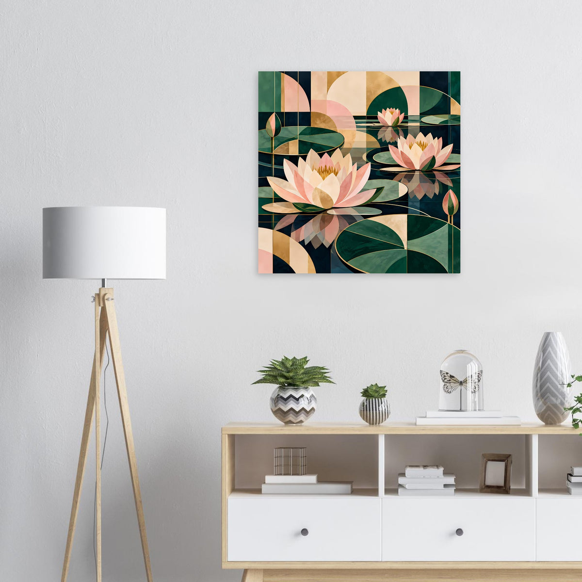 Lotus-Grafikposter, quadratisch: grüne Blätter und rosafarbene Lotusblüten im Muster