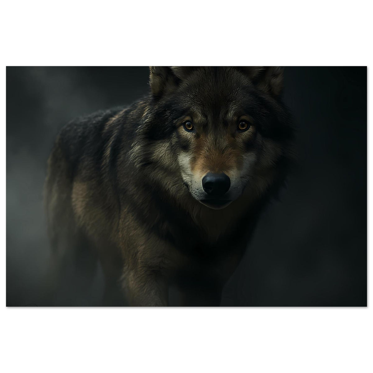 Wolfsposter im Querformat mit frontalem Blick, flauschigem Fell und hervorgehobener Schnauze