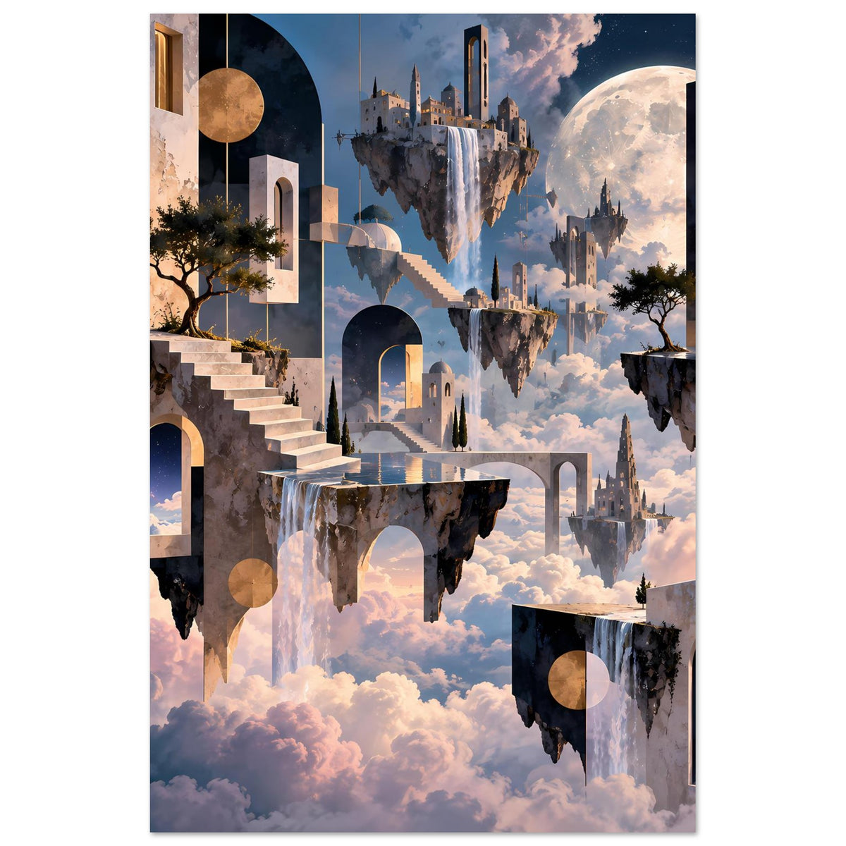 Poster im Querformat: schwebende Inseln, arkadenartige Durchgänge und Wolken