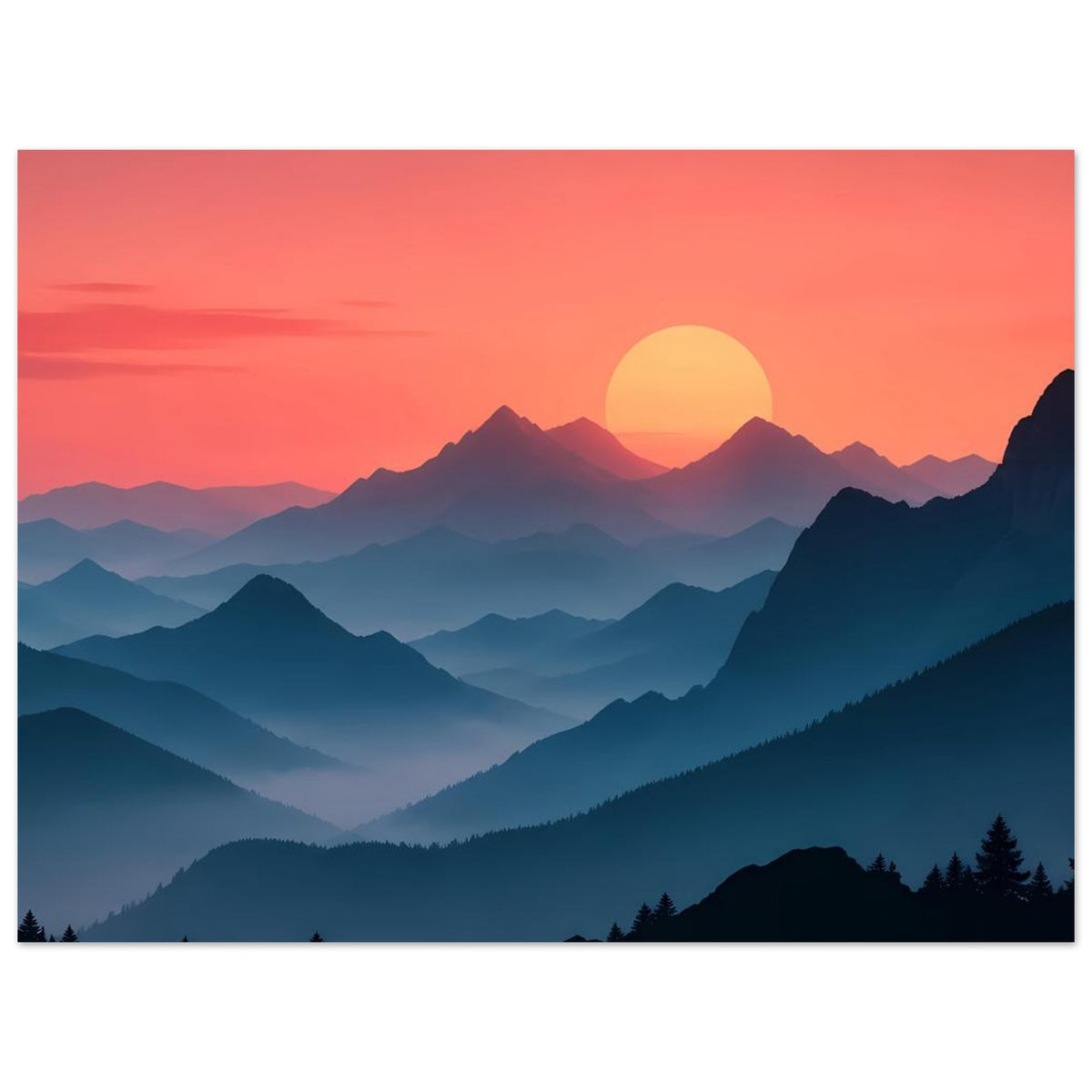Landschaftsposter mit blauen Bergsilhouetten, Nebelschichten und gelber untergehender Sonne
