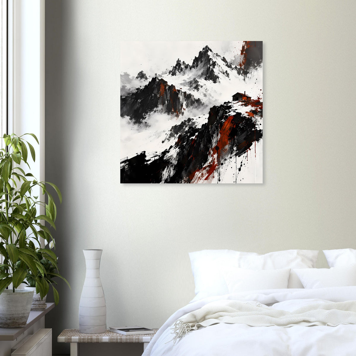 Quadratisches Poster mit kontrastreicher Berglandschaft in Schwarz, Weiß und Rot.