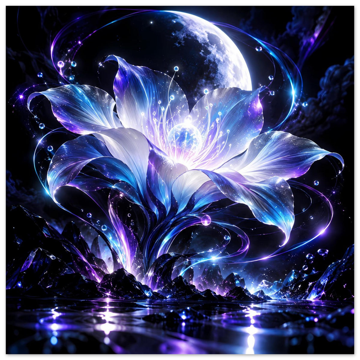 Quadratisches Poster mit Mond, großen Blütenblättern und violett-blauen Lichtreflexen