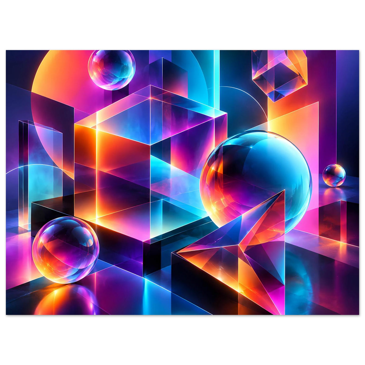 Neon-Geometrie-Poster mit großen Kugeln, leuchtenden Kanten und schwebenden geometrischen Würfeln