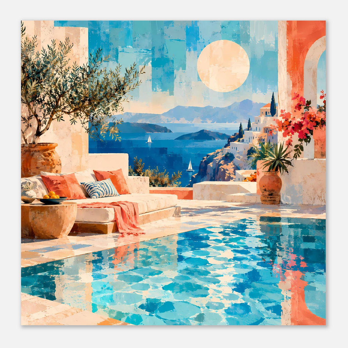 Poster mit Terrasse und Pool: blaues Wasser, orangene Wände, Palme, Blütenstrauch