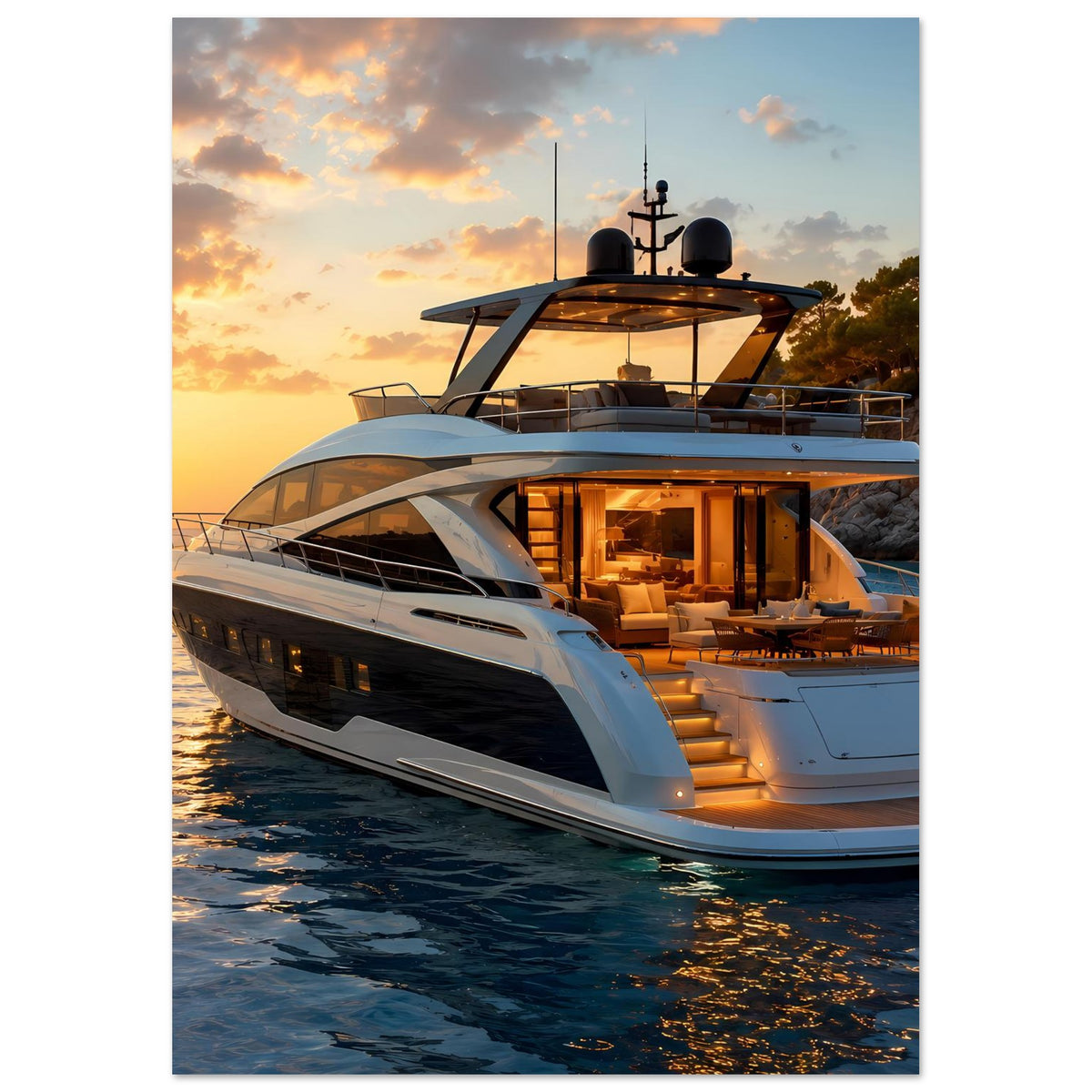 Yacht-Sonnenuntergangsposter, vertikal: Motoryacht mit beleuchtetem Oberdeck
