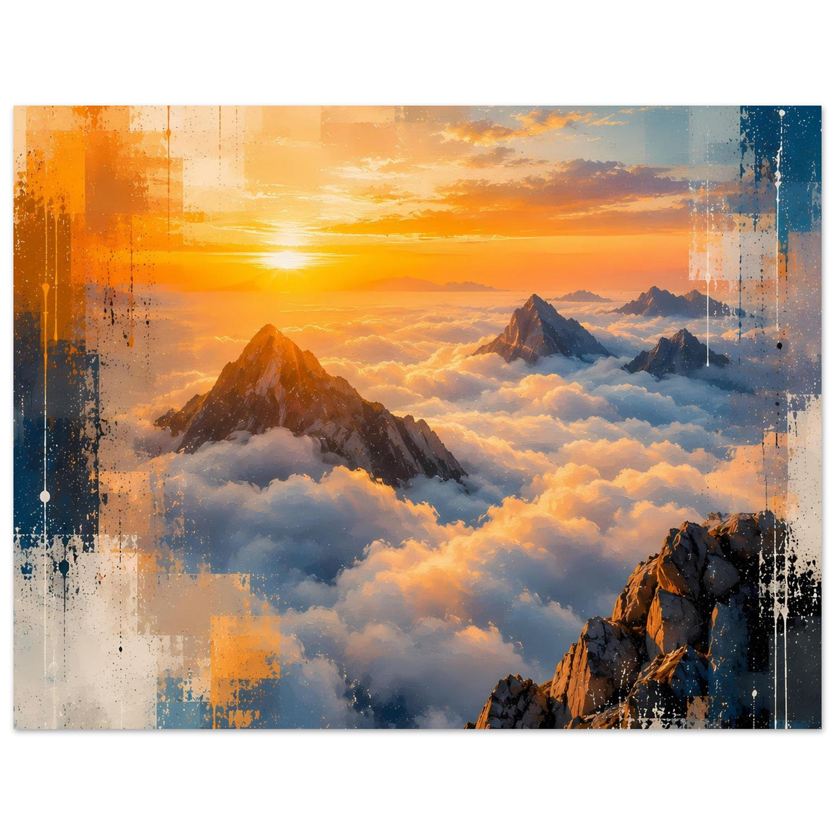 Querformat-Poster: Sonnenuntergang, Berggipfel über Wolkenmeer und blau-orange Spritzoptik