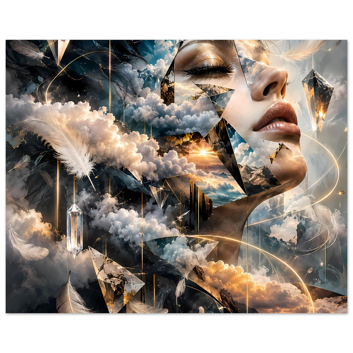 Horizontales Poster mit surrealer Traumlandschaft, Frauenprofil und schimmernden Federdetails