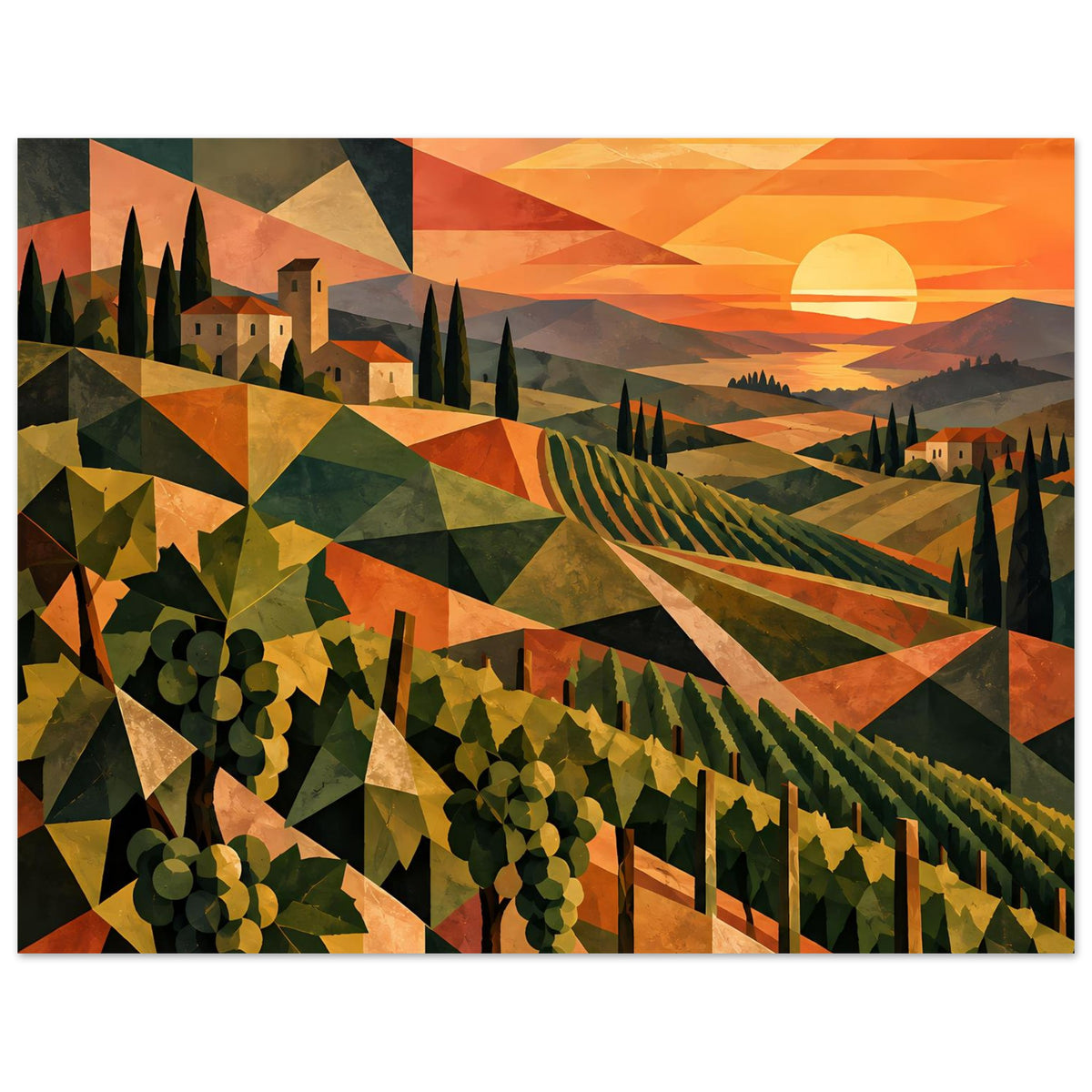 Vertikales Poster mit Weinberg-Landschaft, geometrischen Flächen und orangefarbenem Sonnenuntergang