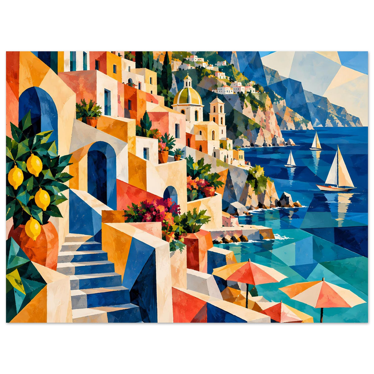 Poster mit mediterraner Meeresküste: Treppe, Häuser und Kirche; Segelboote rechts