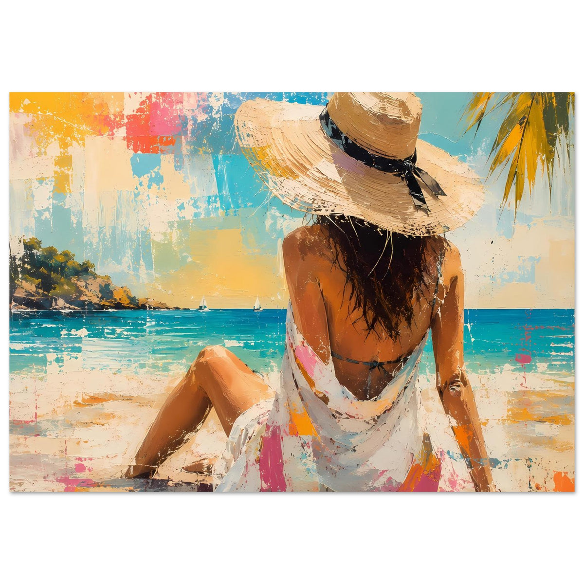 Sommerposter mit Frau im Strohhut von hinten, am Strand sitzend, farbintensive Spritzer