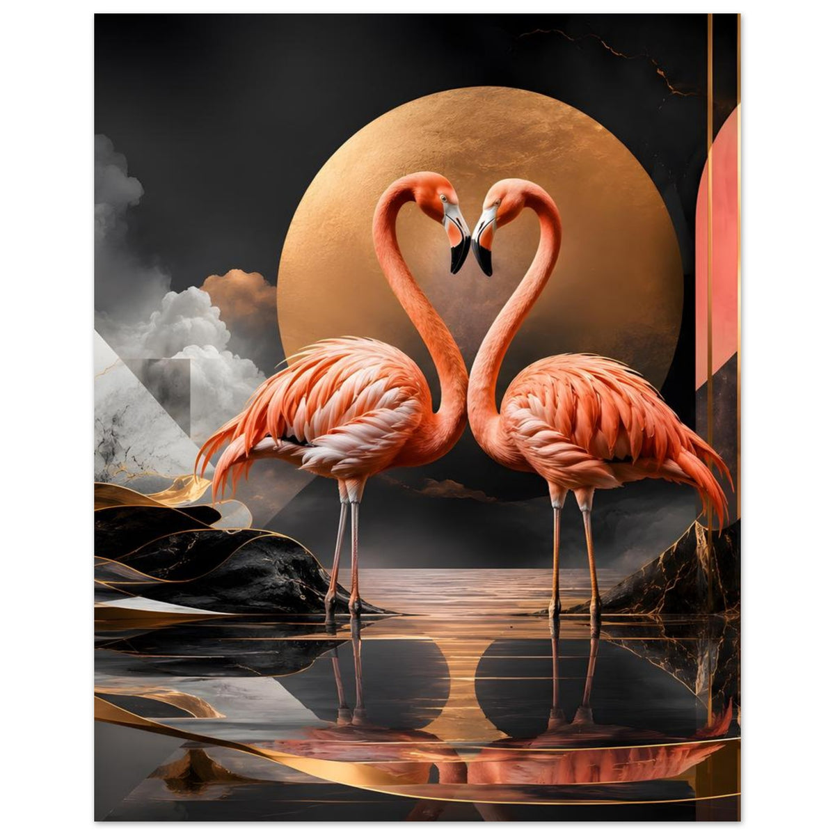 Kunstposter mit zwei Flamingos in Herzform, golden umrandeter Kreis und orange Rechteckstreifen