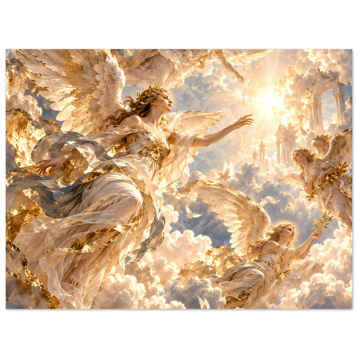 Poster mit goldenen Engeln, großen Flügeln und Lichtstrahlen über Wolken