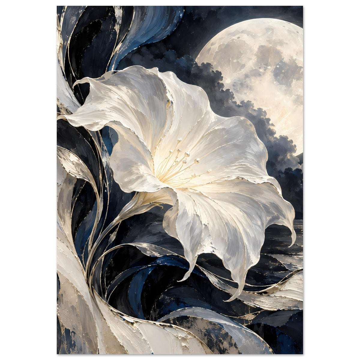 Blumenposter im Nachtstil: weiße Blüte, dunkle Blätter und großer runder Mond