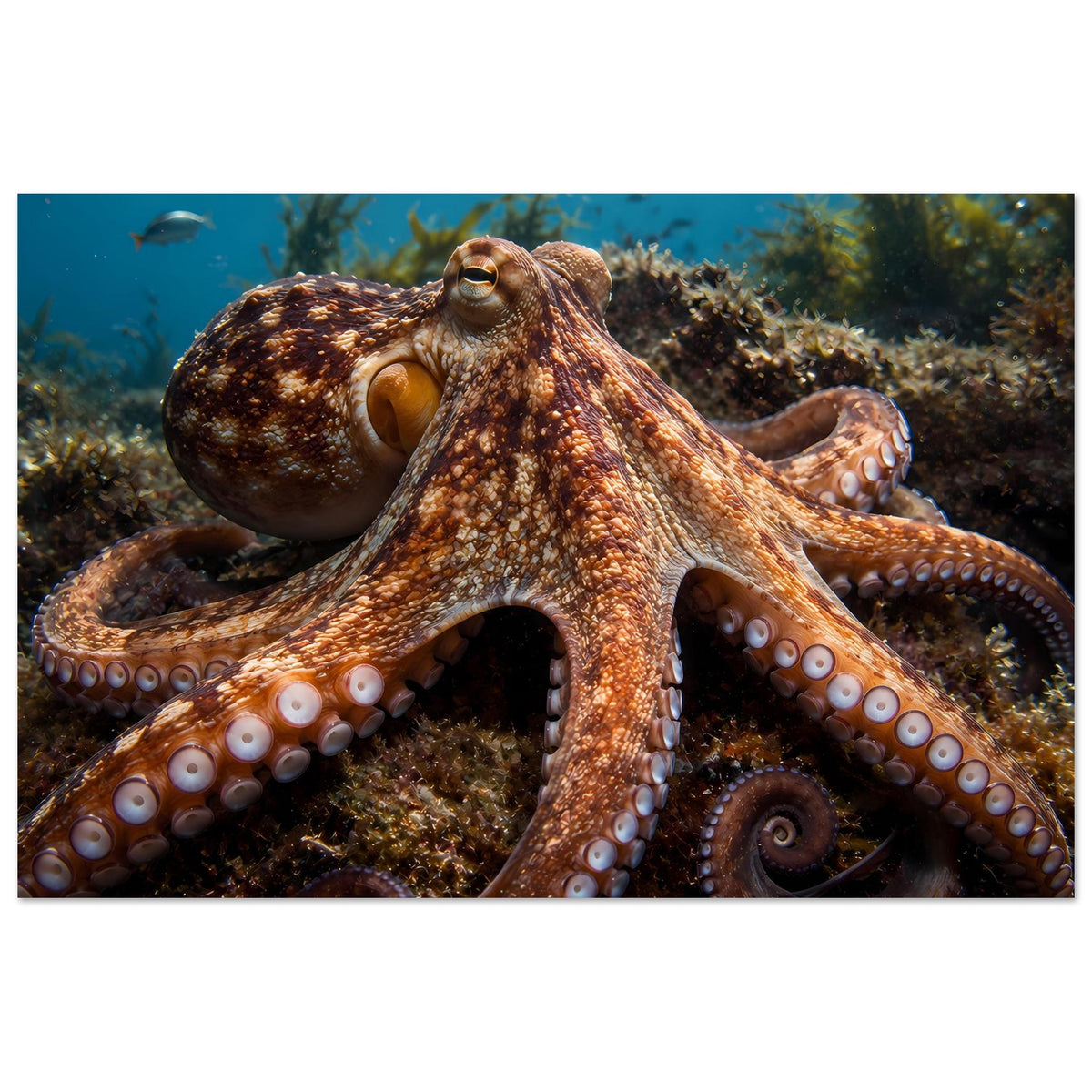 Poster im Querformat mit braunem Oktopus über Korallenriff, detailreiche Saugnäpfe