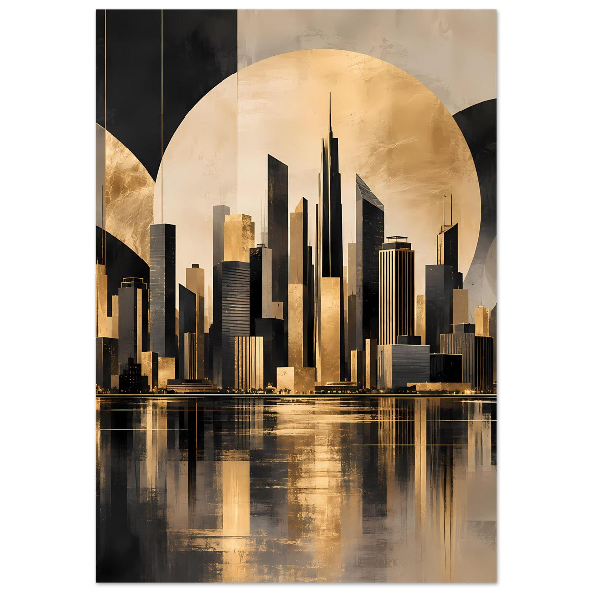 Wandposter Skyline in dunklem und goldfarbenem Look, mit Reflexion auf Wasser