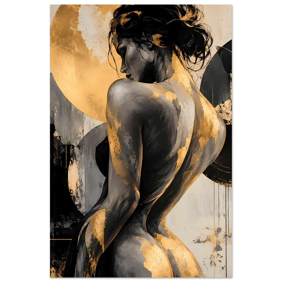 Wandposter mit Akt-Figur und goldfarbenem Schleier, dunkle Sprüh- und Pinseloptik