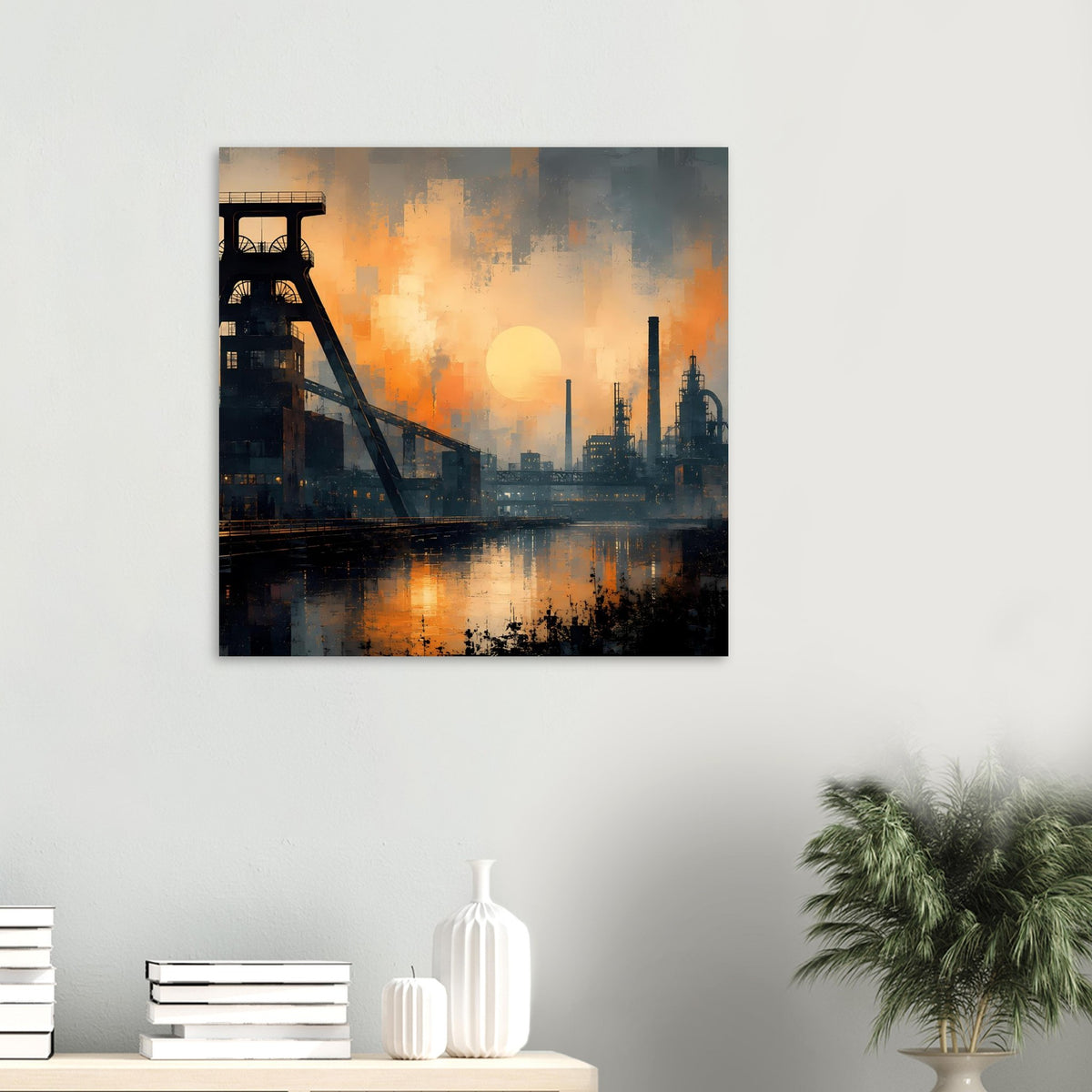 Industrie-Dämmerung-Panoramaposter: quadratisch mit Hafenkran und orangefarbenem Sonnenuntergang