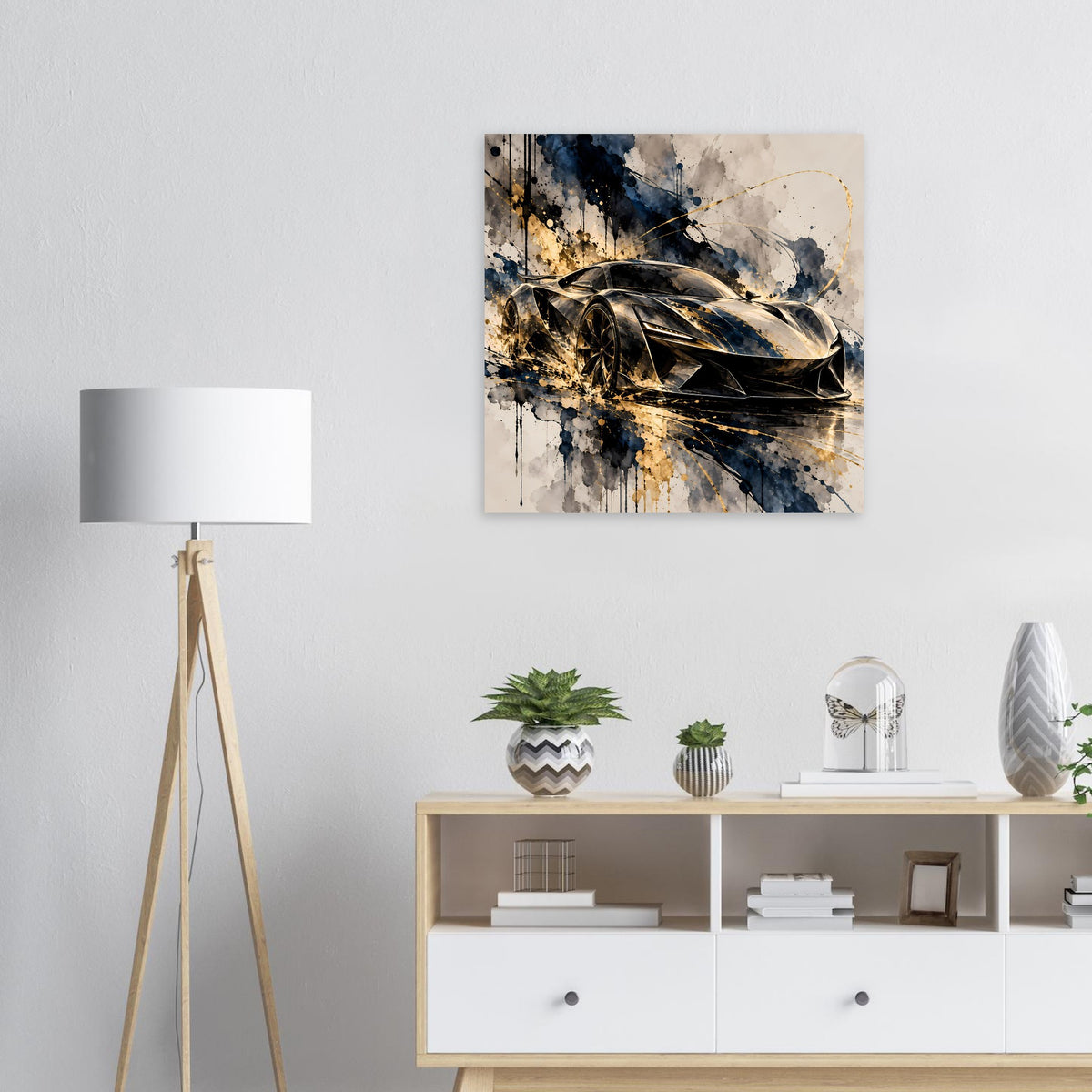 Poster mit abstraktem Supersportwagen in Schwarz und Gold, Spritz-Design