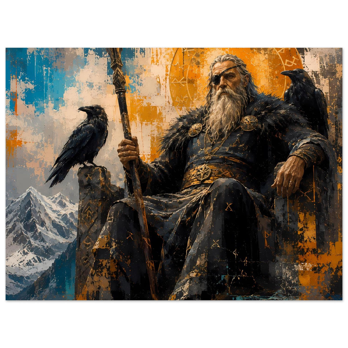 Norse-Gott Poster im Querformat: bärtiger Mann mit Speer, schwarze Raben, goldene Runen am Himmel