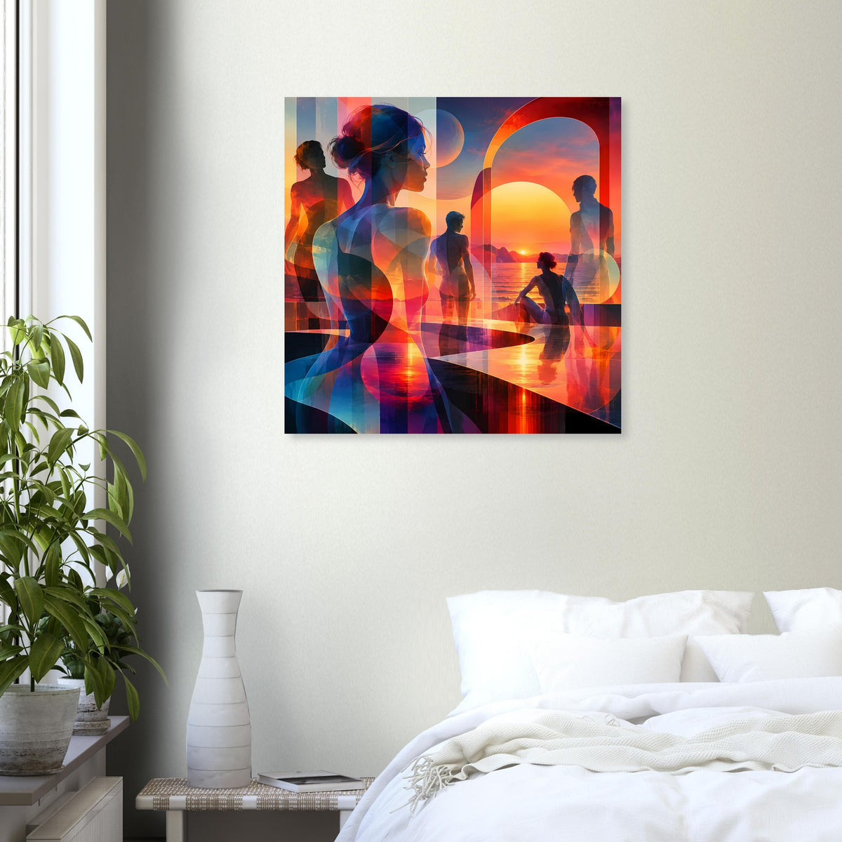 Kunstposter mit zentraler Figur und mehreren Silhouetten, abstrakter Sonnenuntergang in Orange/Blau
