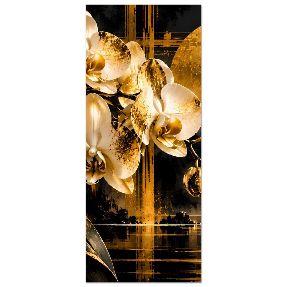 Vertikales Poster-Ausschnitt: weiße Orchideen, goldene Kugeln, gelbe Mondscheibe