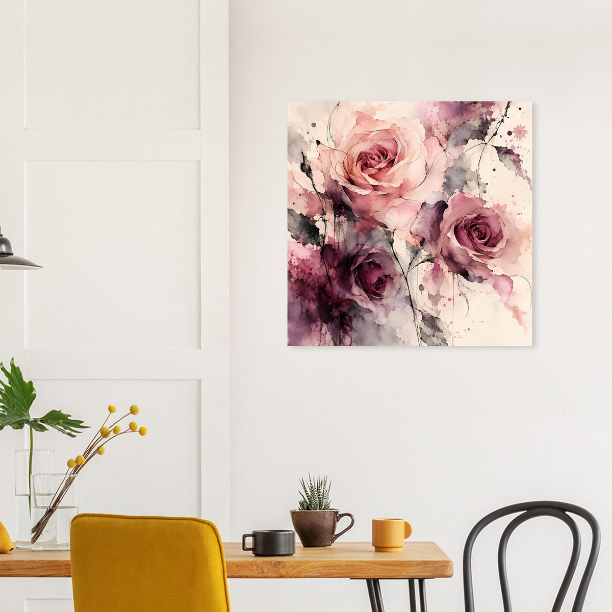 Wandposter mit Aquarell-Rosen, rosa Blüten und violette Akzente