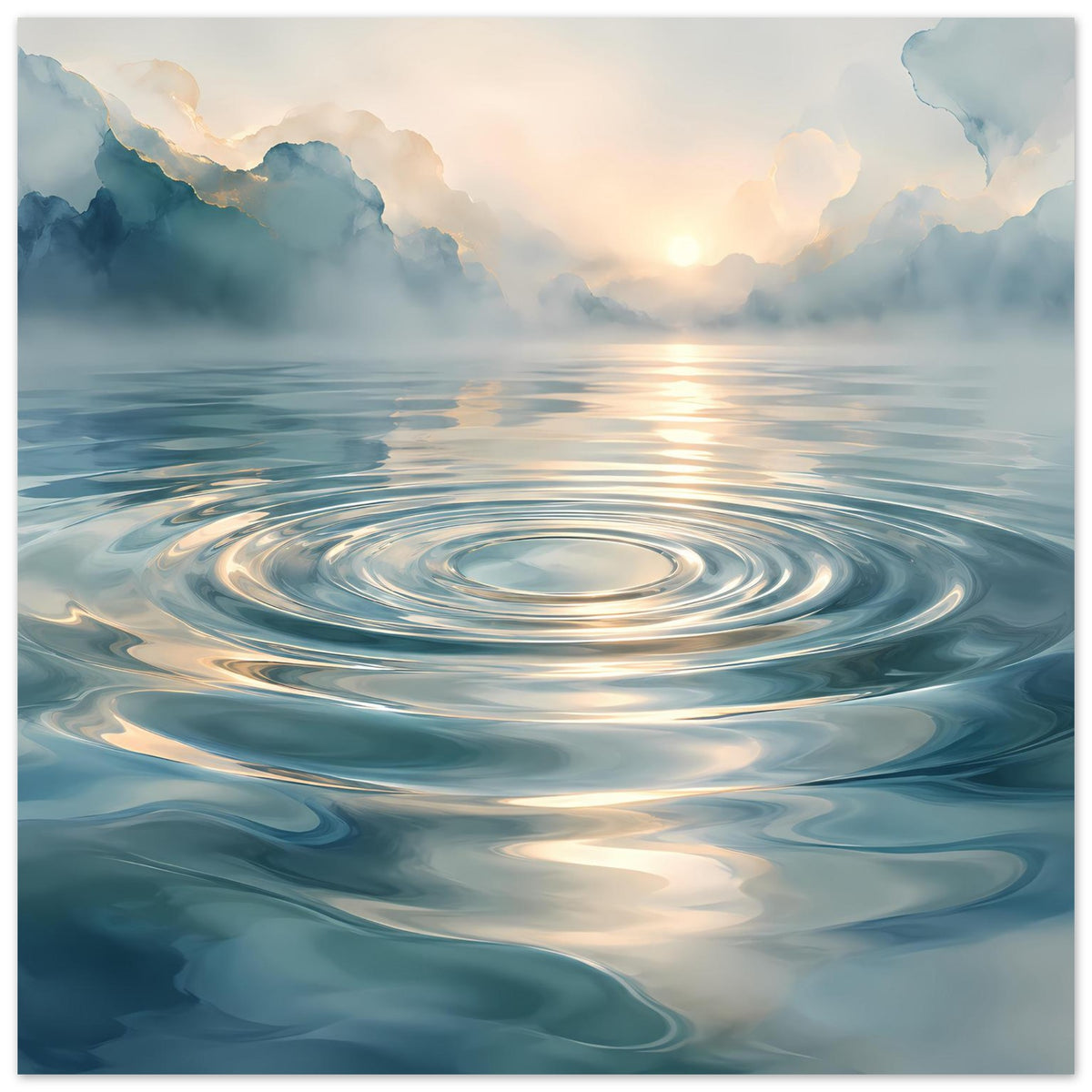 Poster mit Wasserwellen und Sonnenuntergang, Himmel mit Wolken und spiegelnden Lichtstreifen