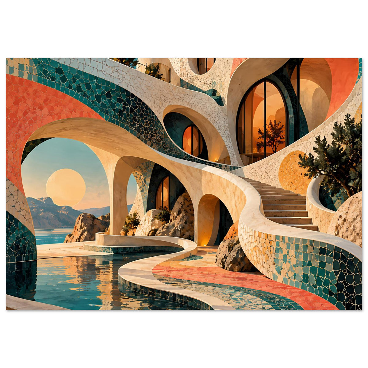 Kunstposter mit Mosaik-Architektur, türkis-korallenfarbenen Bögen und Pool im Sonnenuntergang