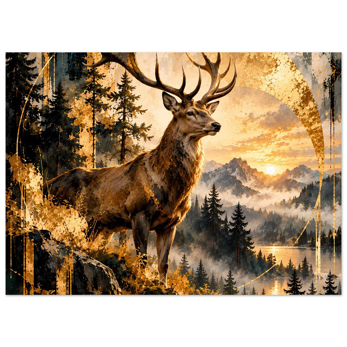 Poster im Querformat: Hirsch auf Felsen, goldenes Licht zwischen Tannen und Bergen