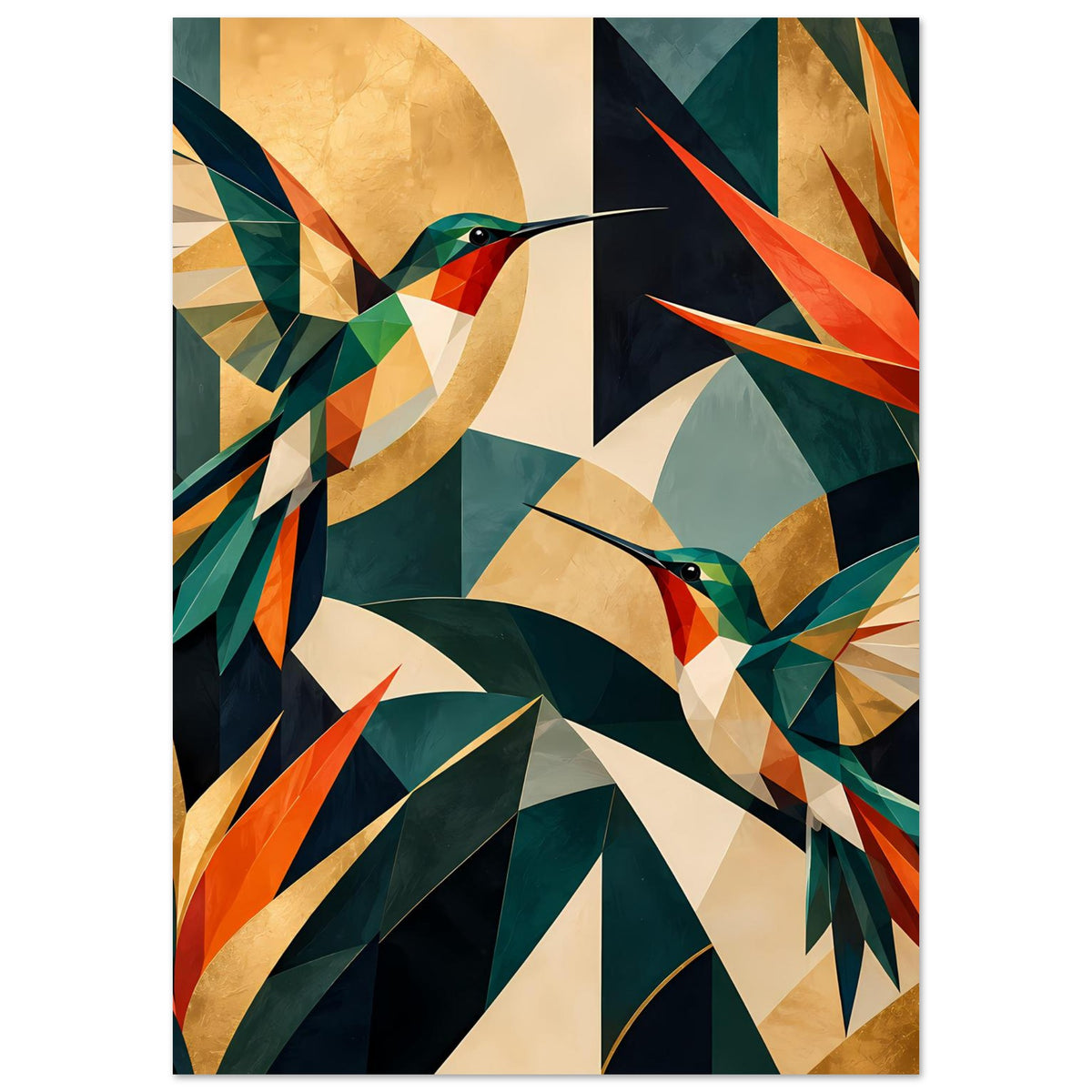 Kunstposter mit geometrischen Kolibris im Hochformat, kräftige Jewel-Töne