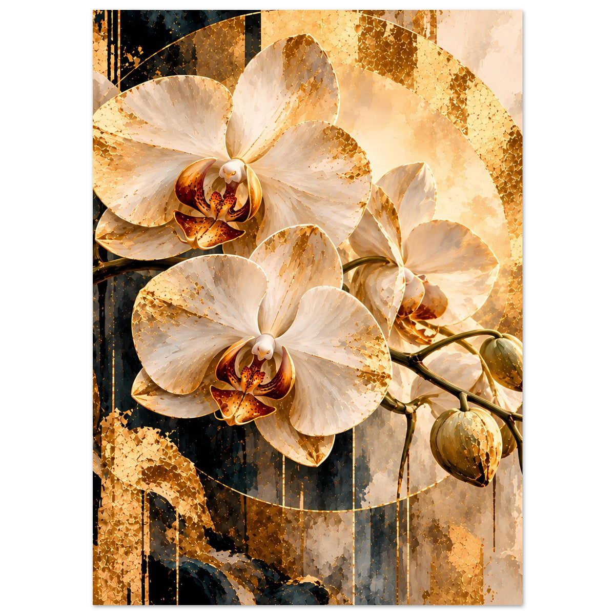 Orchideen-Kunstposter: große weiße Blüten mit goldenen Details auf cremefarbenem Grund