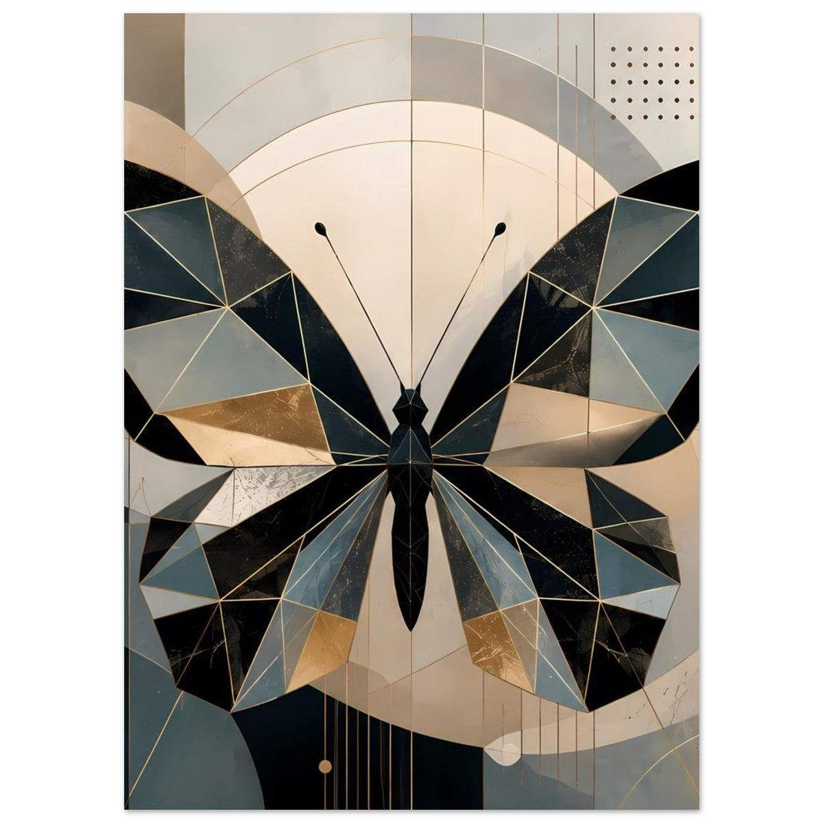 Poster mit geometrischem Schmetterling in Petrol und Gold, symmetrische Flügelkomposition