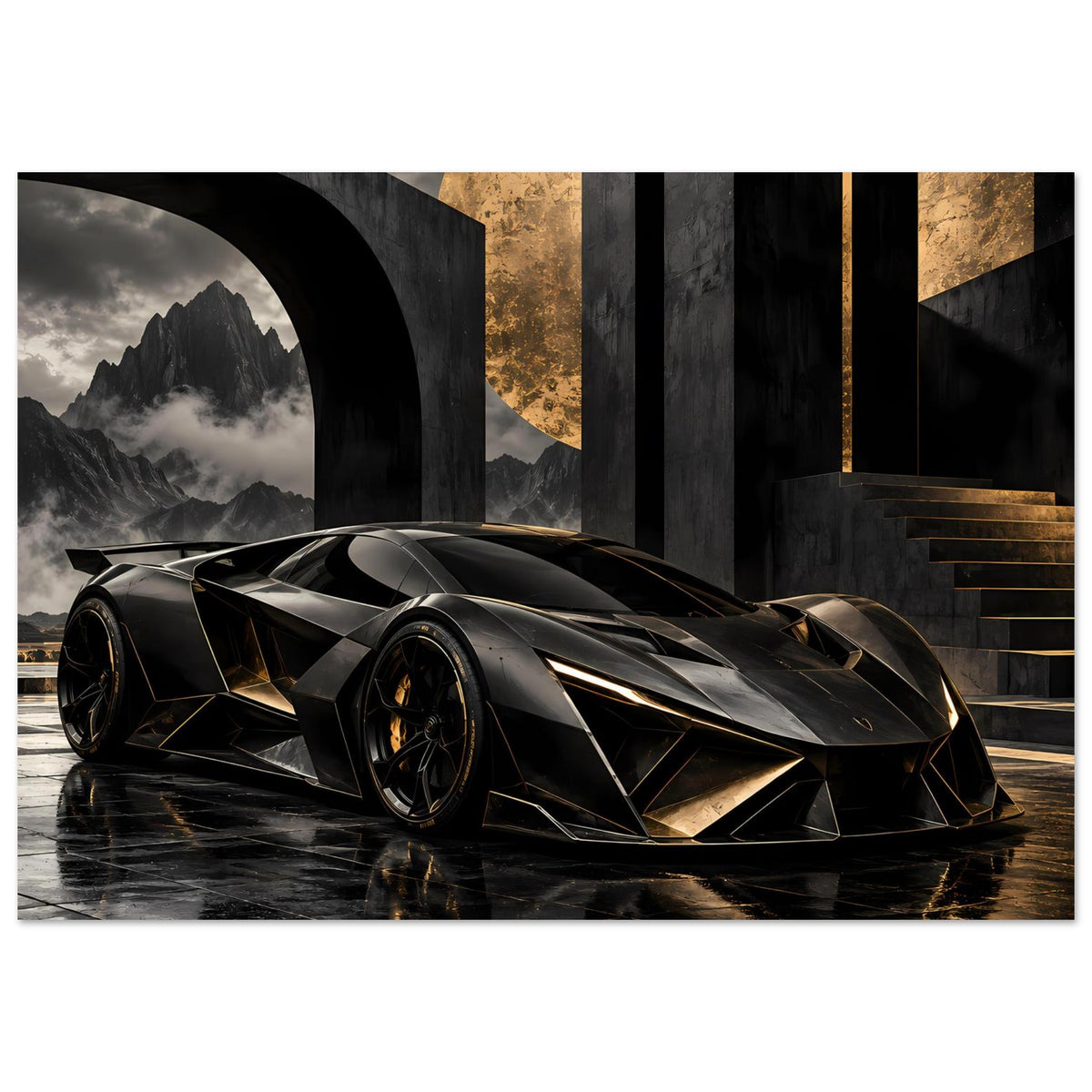 Autoposter mit futuristischem Supersportwagen in Schwarz und Gold, vorn seitlich mit Scheinwerferlinie