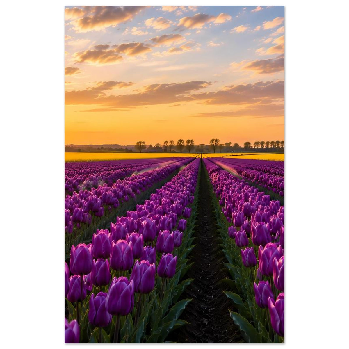 Vertikales Poster mit lila Tulpen und Sonnenuntergang, Weg in die Ferne