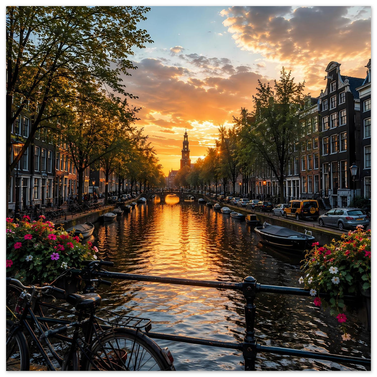 Kanalposter mit Sonnenuntergang: Grachtenweg, Boote, geparkte Autos und Blumenränder