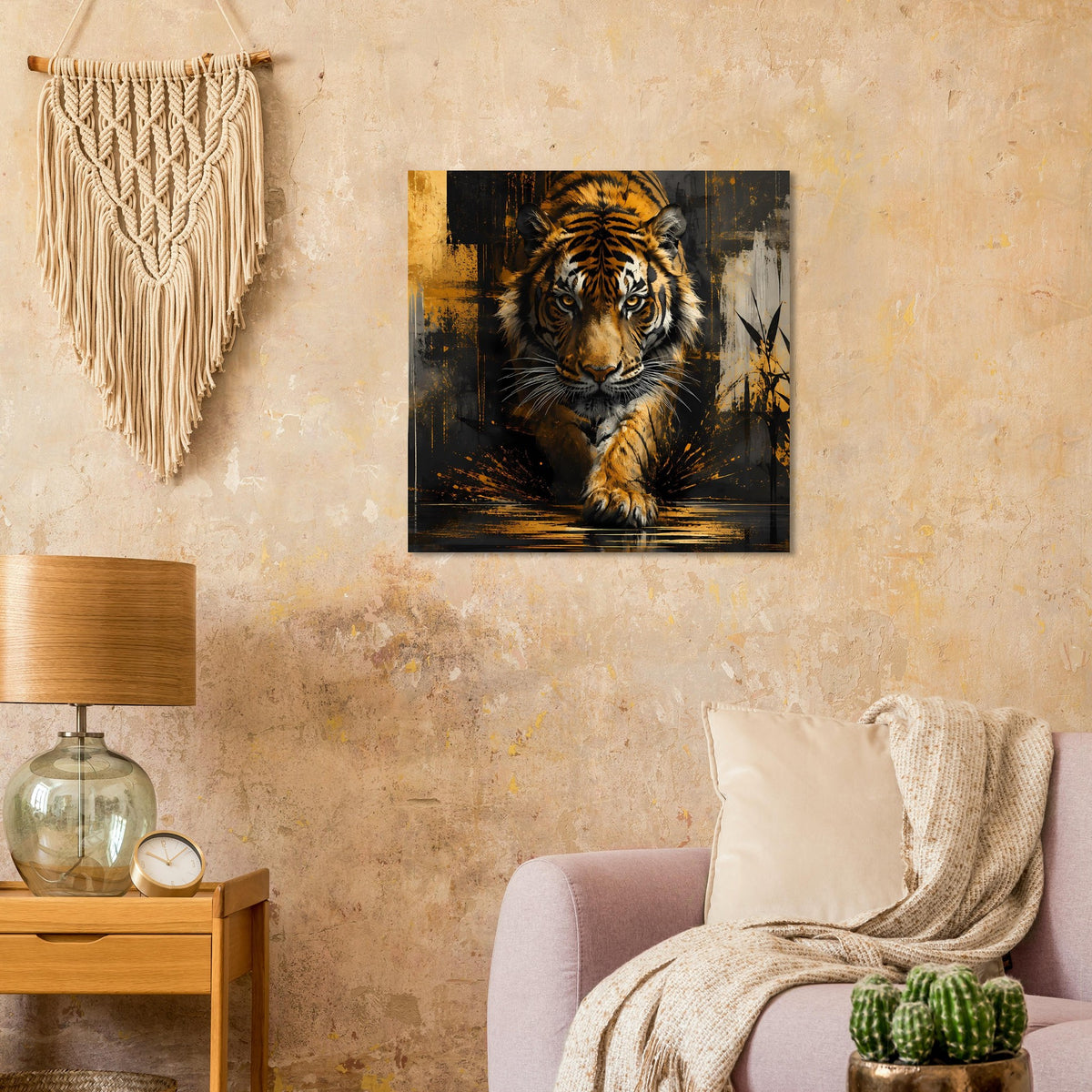 Poster mit Tiger im Goldgelb vor dunklem Hintergrund, Pfoten am Boden, frontal