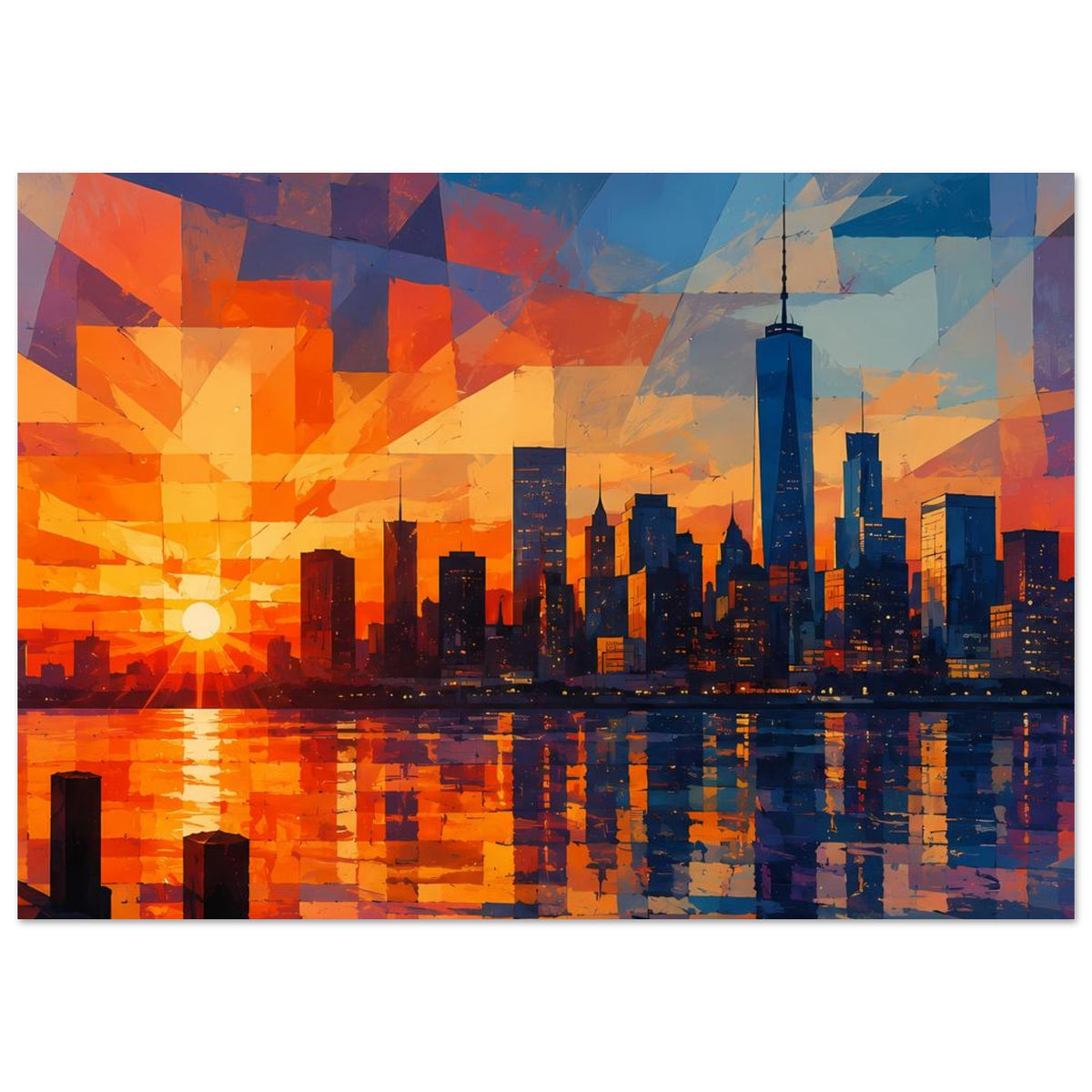 Breites Poster: geometrische Stadtansicht, orangefarbenes Abendlicht, blaue Skyline-Reflexion
