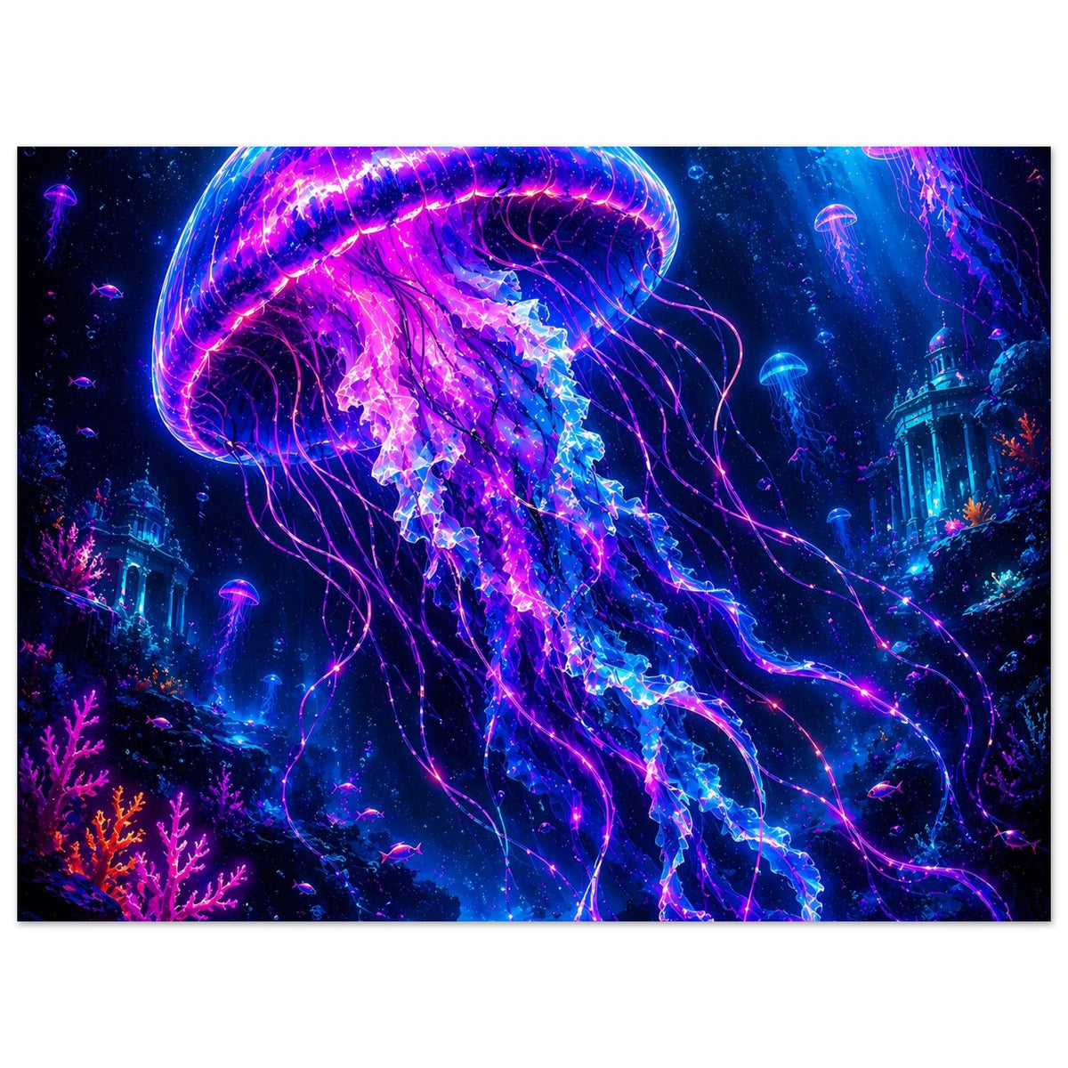 Poster mit leuchtender Qualle, violett-blau, feine Lichtranken und Schirmkuppel
