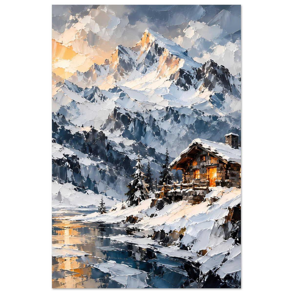 Winterlandschafts-Poster im Hochformat: verschneite Täler mit Alpenhütte und warmem Licht